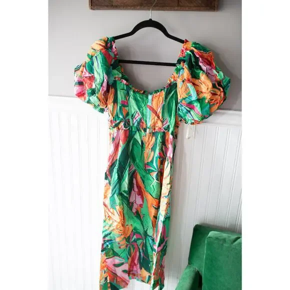 FARM Rio Multicolor Banana Foliage Puff Sleeve Midi Dress XS NEW - Picture 5 of 5